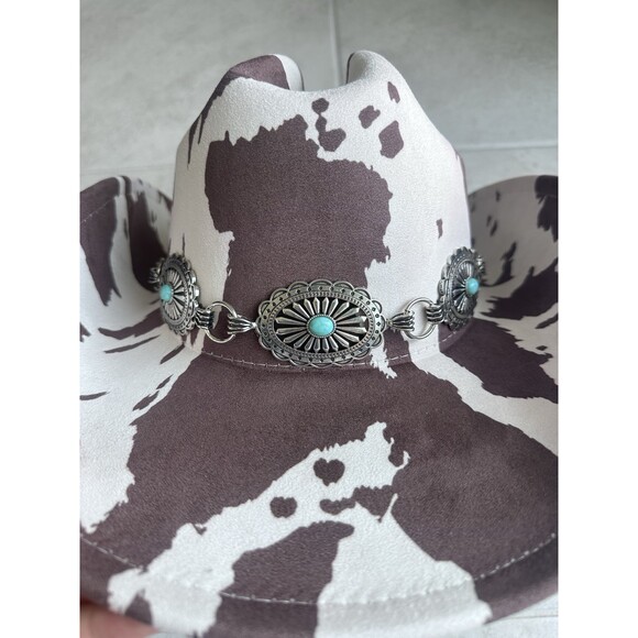 Illuma Cow Print Faux Suede Western Cowboy Hat Silver Concho Chain Band Rodeo main image 5